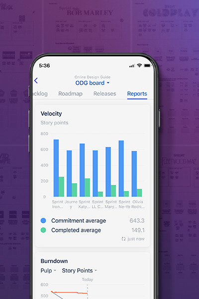 Agile delivery velocity report on a mobile device