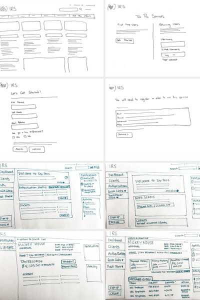 Wireframe sketches for the Tax Professional Account