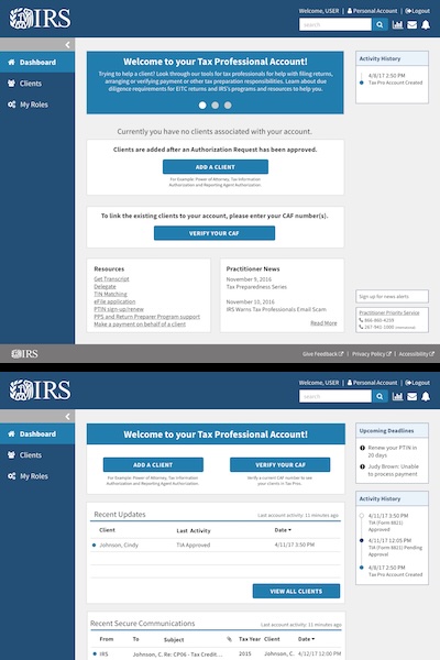 High-fidelity Tax Professional Account dashboard